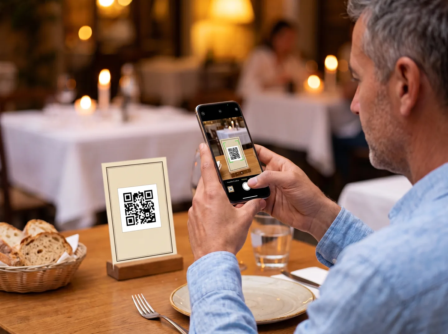 Un cliente inquadra con il telefono il codice QR sul tavolo per aprire il menù