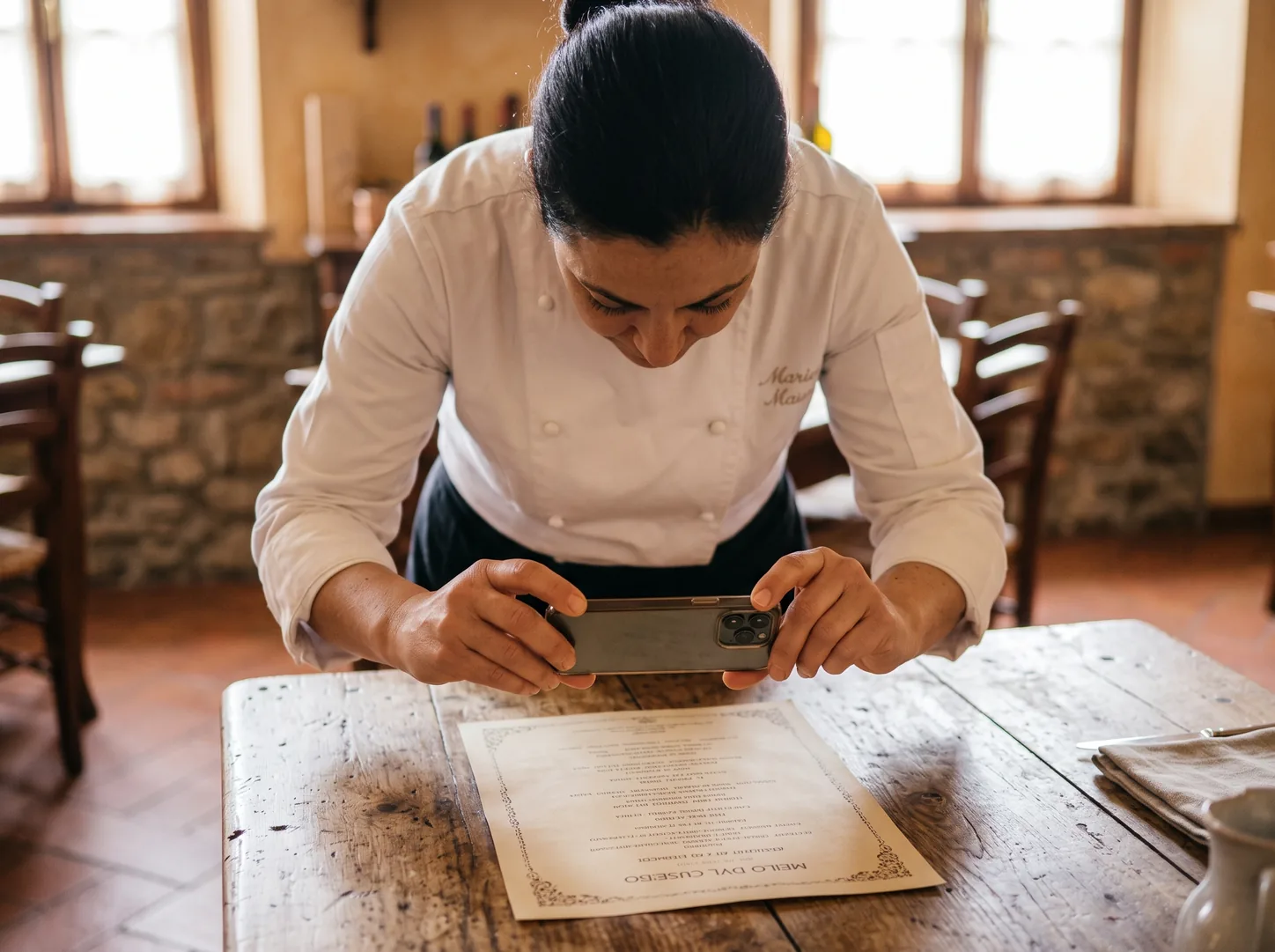 Una cuoca in trattoria fotografa con il telefono il menù di carta appoggiato sul tavolo