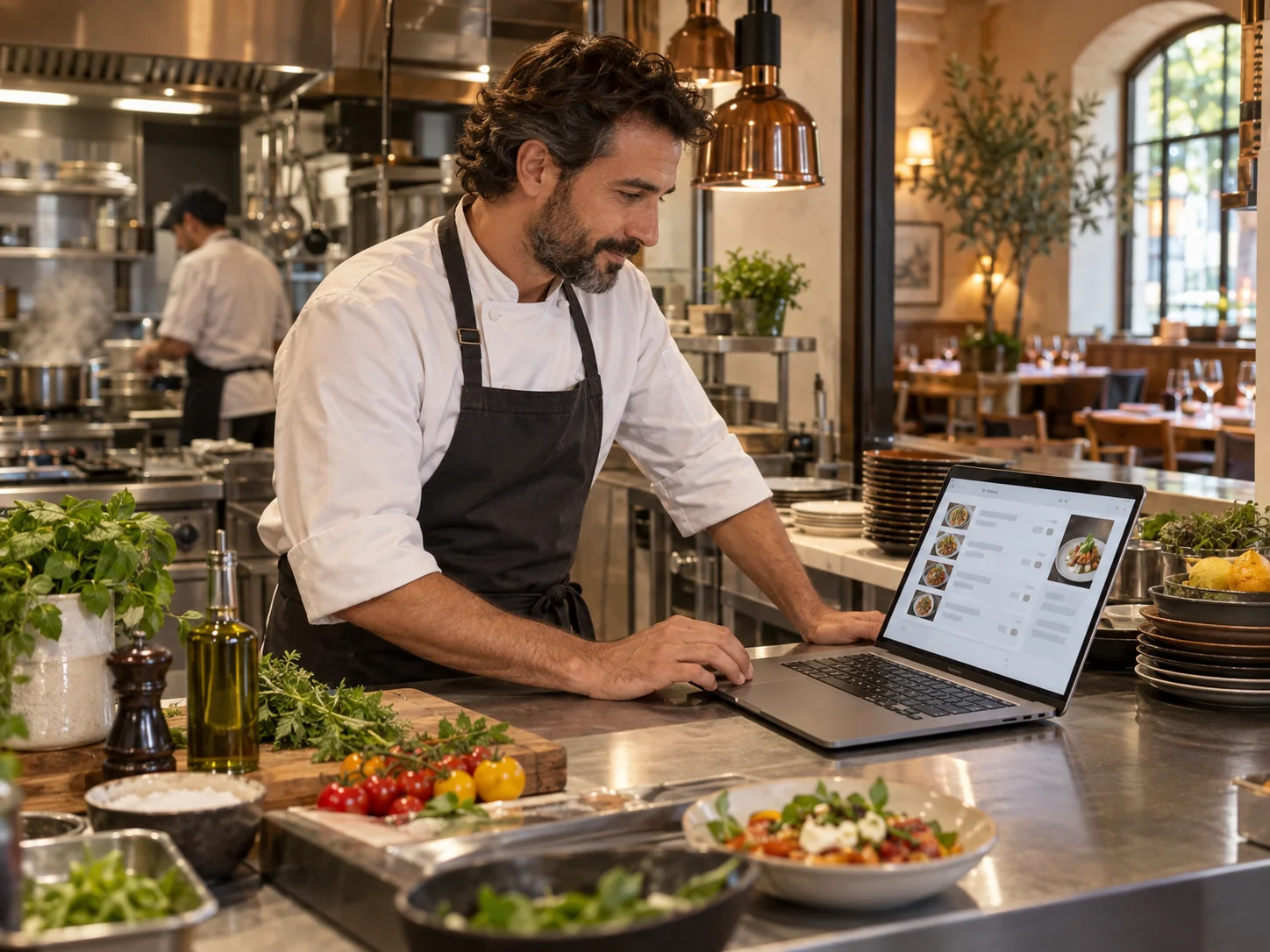 Cuoco in cucina aggiorna il menù del ristorante sul computer portatile