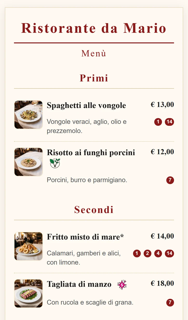 Il menù della demo Ristorante da Mario aperto sul telefono: primi e secondi con la foto del piatto, il prezzo, i numeri degli allergeni e le etichette Vegetariano e Specialità