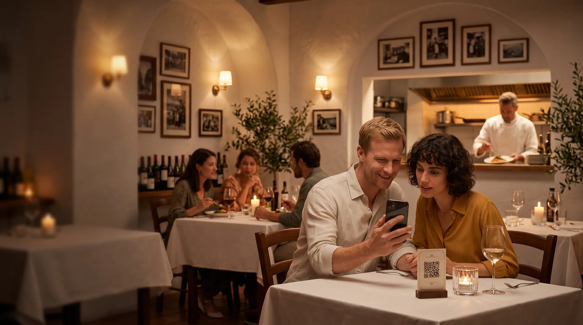 Una coppia al ristorante guarda il menù sul telefono; sul tavolo c'è il cartoncino con il QR