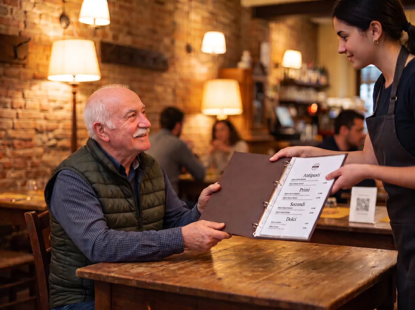 In trattoria una cameriera porge a un signore anziano il menù stampato, raccolto in un quaderno ad anelli
