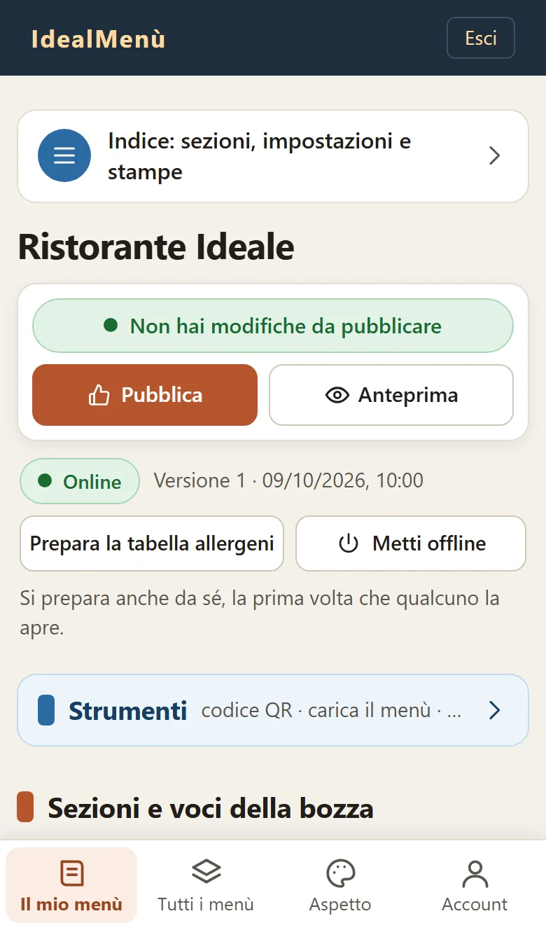 Il pannello di IdealMenù aperto sul telefono: il nome del ristorante, lo stato del menù, i bottoni Pubblica e Anteprima, gli strumenti per caricare il menù, digitare le modifiche e tradurlo, e in fondo la barra con le pagine principali